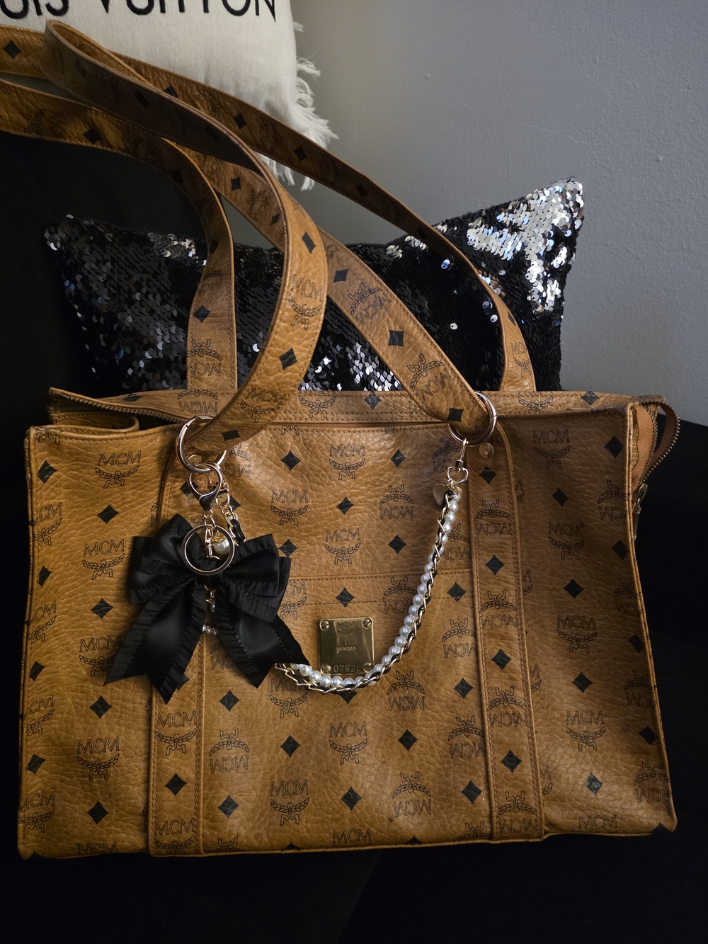 MCM Cognac Logo Visetos Tote with Black Bow and Silver Chain